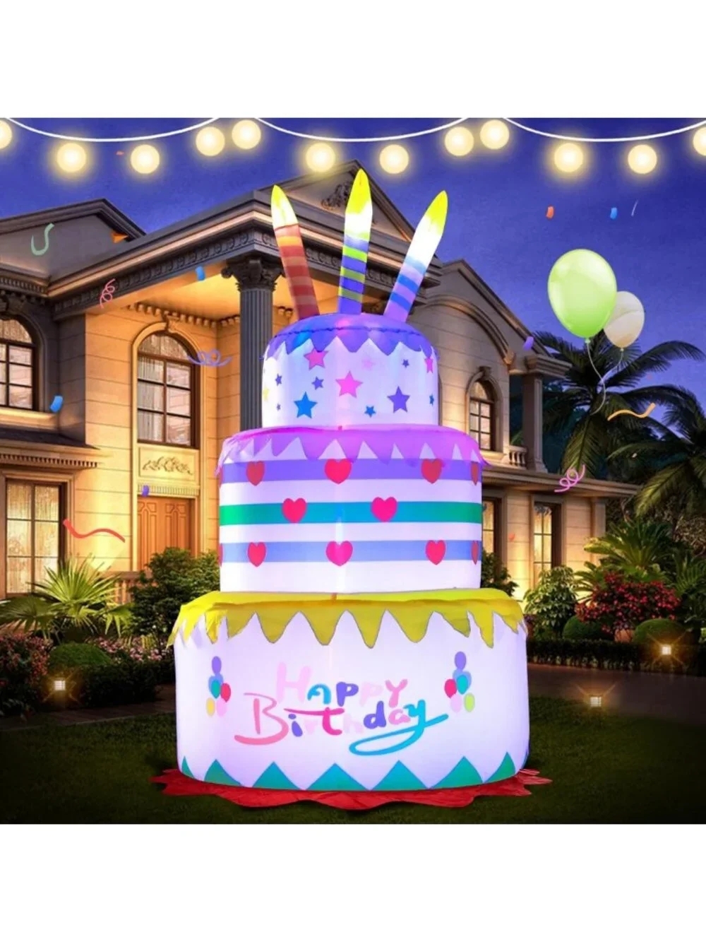 6FT Birthday Cake Inflatables with LED Lights - Outdoor Indoor Party Decor